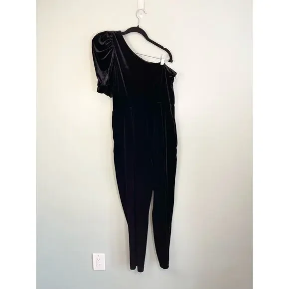 Yumi Kim Women Black Velvet Puff Sleeve One Shoulder Donna Jumpsuit Size XL NWT